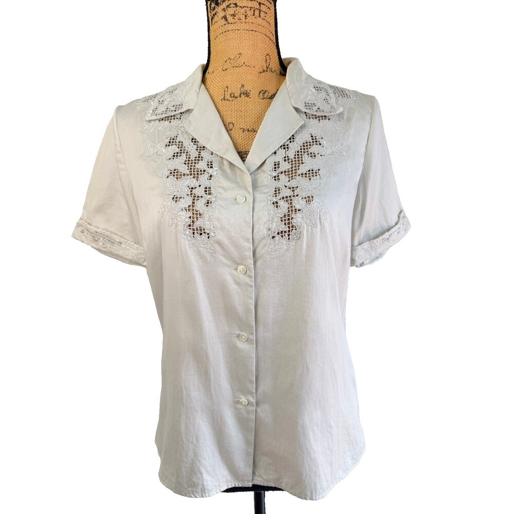 Vintage DKNY Pure Women Gray Cotton Lace Cutwork Blouse Button Up Sz M